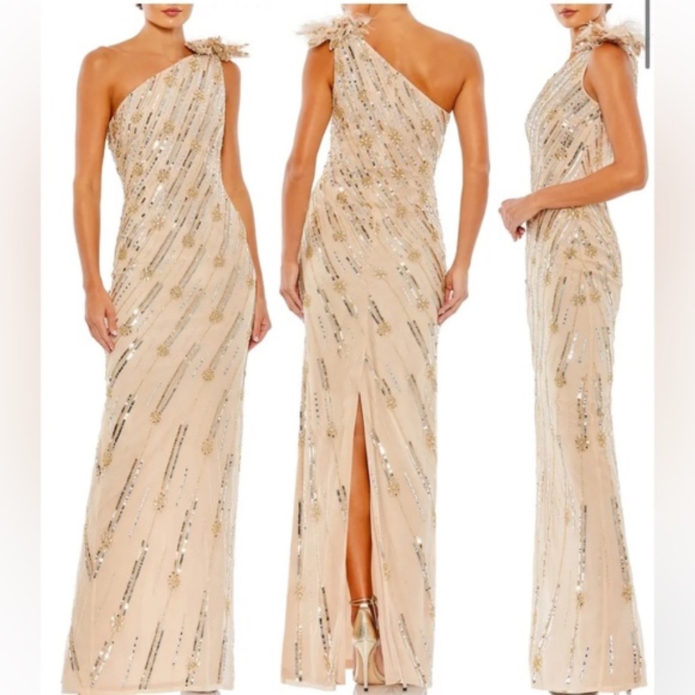 NEW Mac Duggal Rosette Sequin Crystal One-Shoulder Gown Nude Gold Size 0